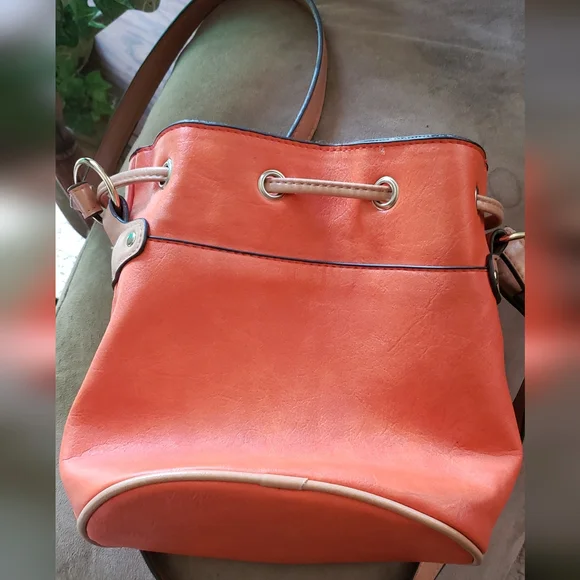 Bueno Orange Crossbody Bag with Metal Hardware. Pull String Closure. 9x9 - Picture 2 of 7